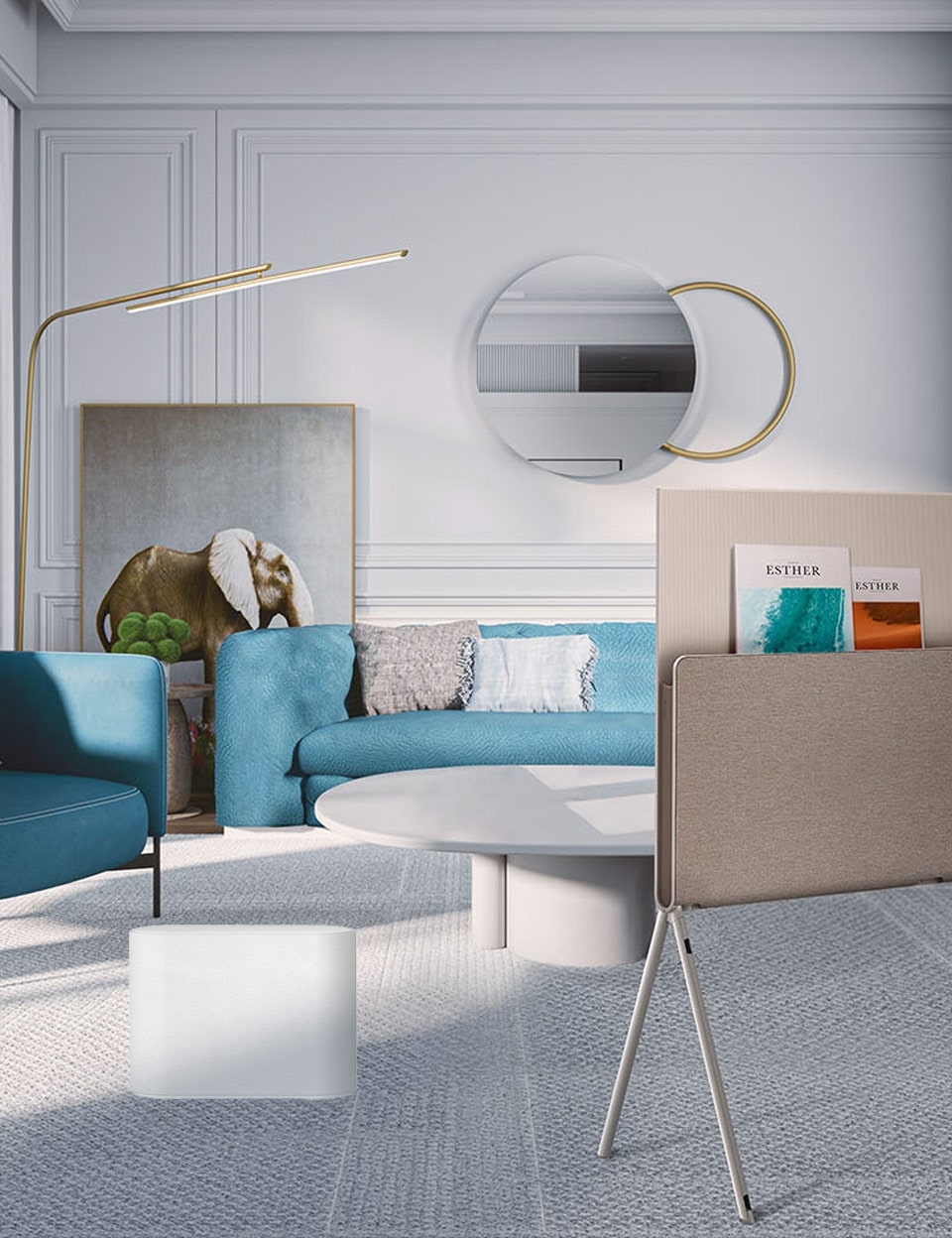 Un televisor LG que parece arte encaja en el diseño de un salón moderno