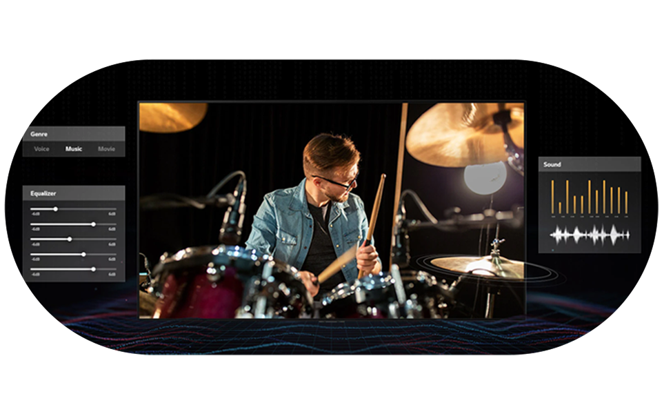 Un baterista masculino proyectado en un televisor LG QNED AI Smart 4K con AI Sound Pro, mezcla audio y remasteriza el sonido
