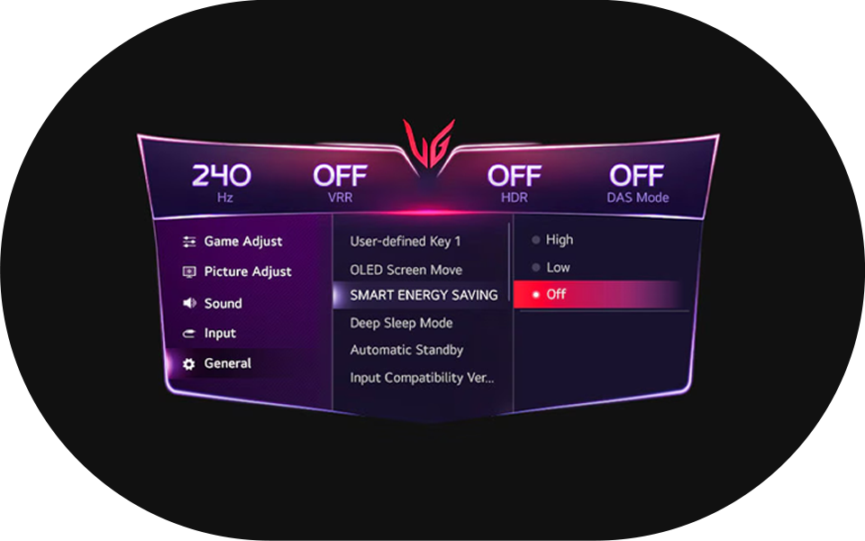 Pantalla del monitor LG que muestra la configuración y muestra la opción de ahorro de energía inteligente para el ajuste de brillo.