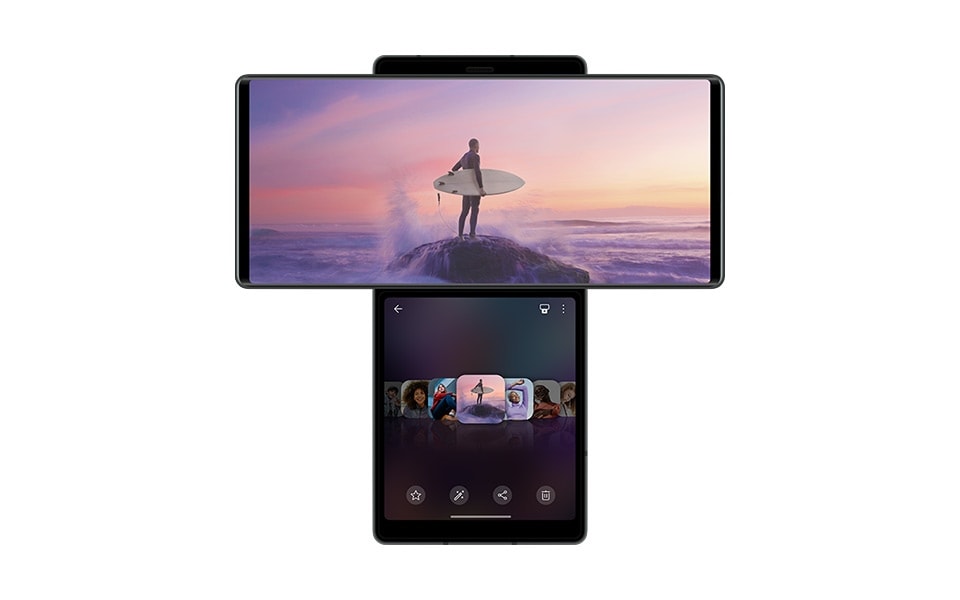 The LG WING in swivel mode allowing users to browsing images on the main screen and use the half-screen as a image slider
