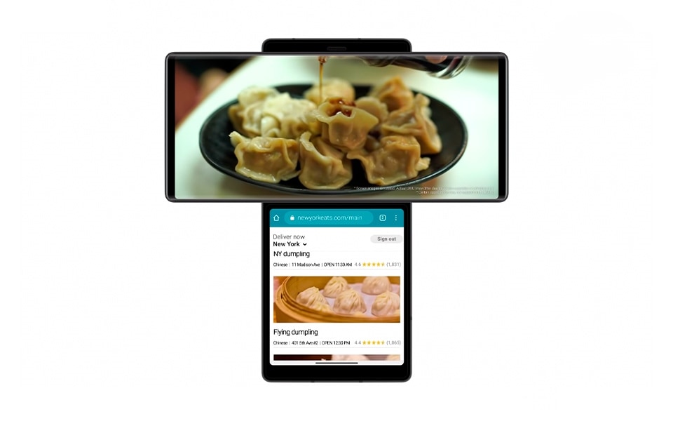The LG WING allowing users to watch a food video on the main screen, while simultaneously searching a web browser for restaurants in swivel mode