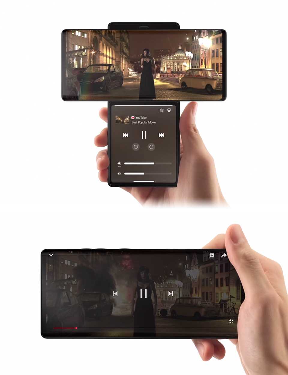 The LG WING comparing video consumption in swivel mode and standard mode.