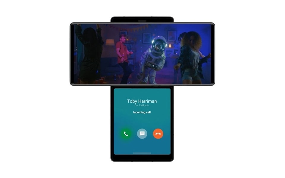 The LG WING allowing users to watch a video on the main screen, while simultaneously receiving phone calls in swivel mode