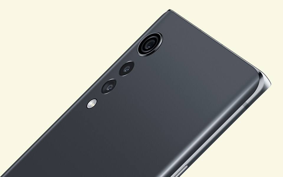 A rear view of the LG VELVET smartphone in Aurora Gray colour