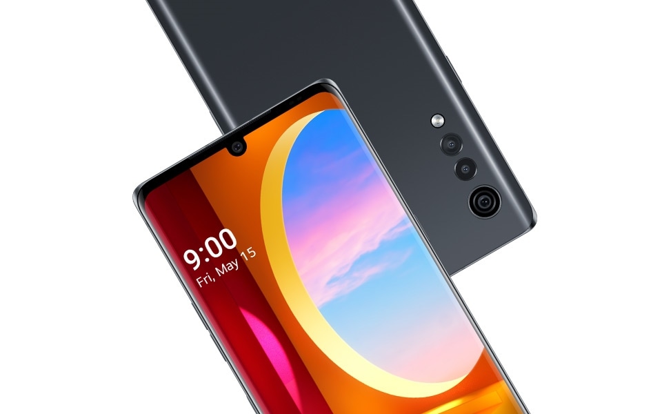An image of the LG VELVET smartphone in Aurora Gray colour in birds eye view