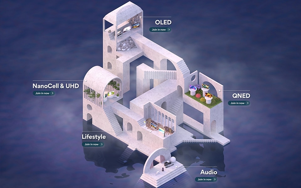 Vista aérea de la sala de exposición virtual de LG Home Entertainment en el CES 2022.