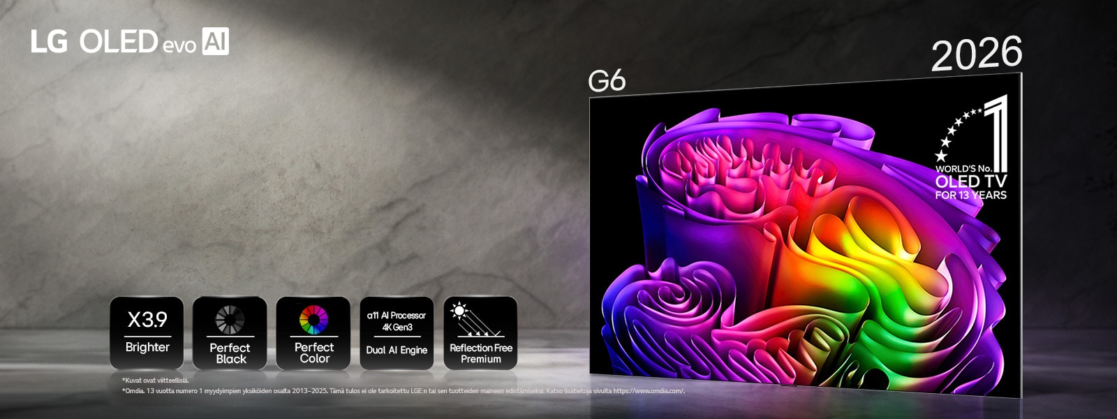 Hyper Radiant Color Tech -teknologialla toimiva LG OLED evo AI G6 näyttää ruudulla eloisan abstraktin paperitaidekuvan, jossa on kuvakkeet ominaisuuksille: 3,9 kertaa kirkkaampi huippukirkkaus, Perfect Black, Perfect Color, alpha 11 AI Processor 4K Gen3 Dual AI Engine ja Reflection Free Premium.