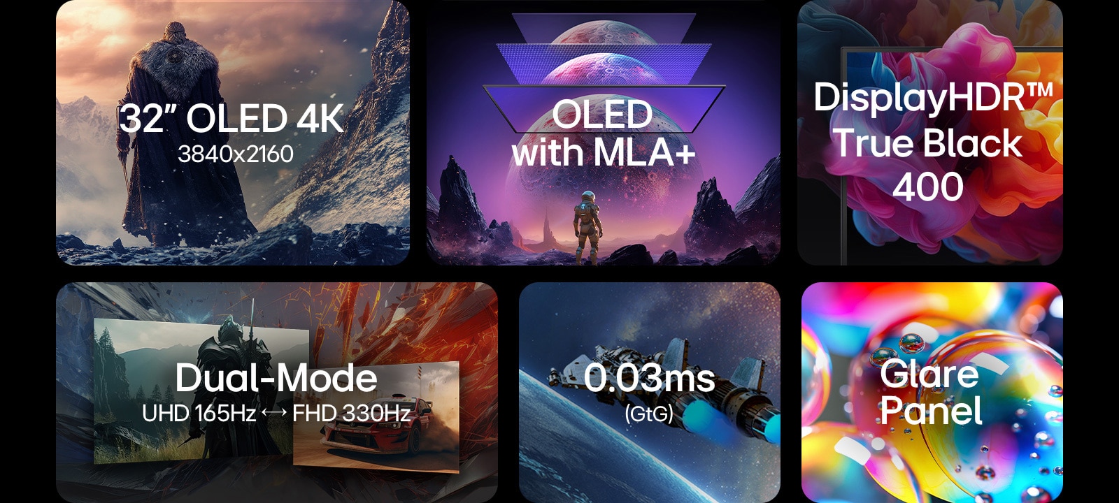 Katsaus pelinäytön ominaisuuksiin, jossa korostetaan: 32" OLED 4K, OLED ominaisuuksilla MLA+, VESA DisplayHDR True Black 400, Dual-Mode, 003ms GtG, Glare Panel.	