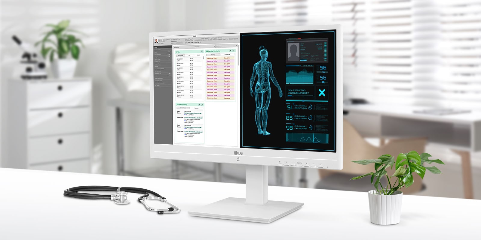 LG:n 24CR671N täyttää sähkökäyttöisiä lääkintälaitteita koskevien IEC 60601 -standardien vaatimukset. Lisäksi sen valkoinen runko auttaa tekemään pölyn ja lian näkyväksi, jotta epäpuhtaudet on helppo poistaa**.