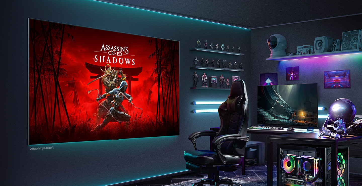 Kodin pelihuoneen seinälle on kiinnitetty LG TV. Sen näytöllä on Assassin's Creed Shadows -taidetta. 