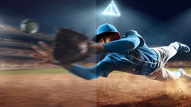 Urheilun katseluun tarkoitettu LG TV esittelee liikkeen käsittelyn suorituskykyä nopeatempoisen baseball-kohtauksen jaetulla kuvalla, havainnollistaen sumeaa liikettä vasemmalla puolella ja selkeää pelaajien liikettä jopa nopean pelin aikana oikealla puolella.