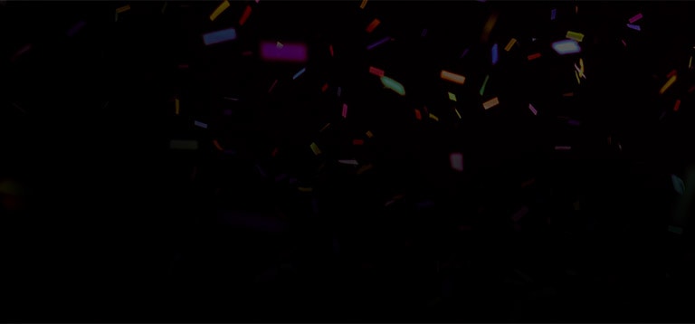LG TV urheilukäyttöön on visualisoitu värikkäillä konfeteilla, jotka lentävät tummaa taustaa vasten luoden dynaamisen ja energisen tunnelman eloisalla liikkeellä ja kerroksellisilla väripurskeilla.