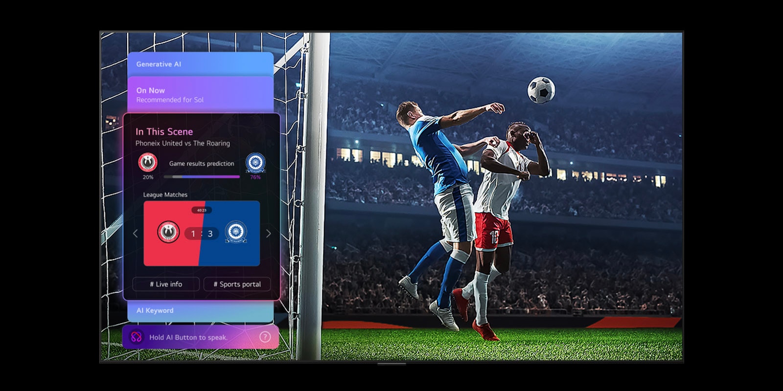 LG TV, jossa on Sports Forecast by AI Concierge, näyttää suoran jalkapallo-ottelun ruudulla olevalla AI-paneelilla, joka esittää ennusteita, pelioivalluksia ja liigatietoja, viitaten siihen, miten AI analysoi pelaamista ottelutulosten ennustamiseksi.