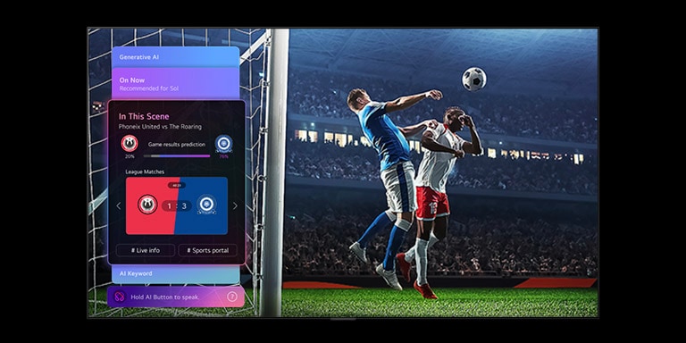 LG TV, jossa on Sports Forecast by AI Concierge, näyttää suoran jalkapallo-ottelun ruudulla olevalla AI-paneelilla, joka esittää ennusteita, pelioivalluksia ja liigatietoja, viitaten siihen, miten AI analysoi pelaamista ottelutulosten ennustamiseksi.