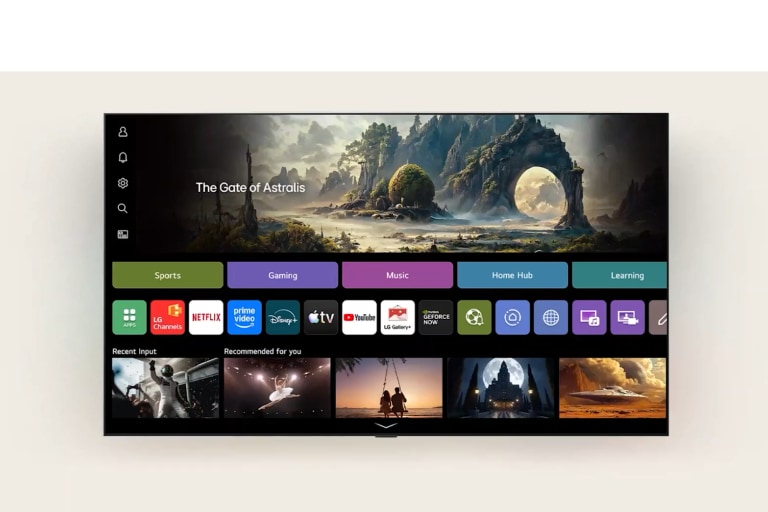 LG AI TV, sisältäen AI Voice ID:n ja My Page -ominaisuuden, näyttää webOS-aloitusnäytön personoidulla My Page -näkymällä, joka on räätälöity aktiiviselle käyttäjälle, näyttäen yhdellä silmäyksellä widgettejä, kuten sään, kalenterin ja paljon muuta.