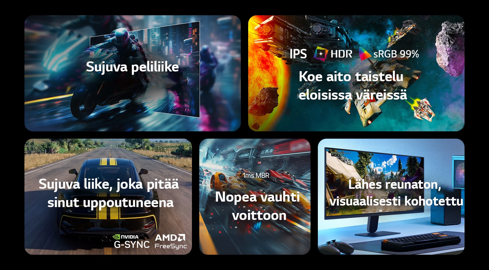 Tämä kuva esittelee LG-pelinäytön tärkeimpiä ominaisuuksia, joihin kuuluvat sulavan liikkeen takaava 144Hz-virkistystaajuus, eloisat visuaalit tarjoava IPS-näyttö HDR-tuella ja sRGB 99%-väriavaruudella, sujuvan pelaamisen mahdollistava NVIDIA G-SYNC- ja AMD FreeSync -tuki, nopeatempoiseen pelaamiseen sopiva 1ms MBR -vasteaika sekä mukaansatempaavan kokoonpanon luova, lähes reunukseton muotoilu.