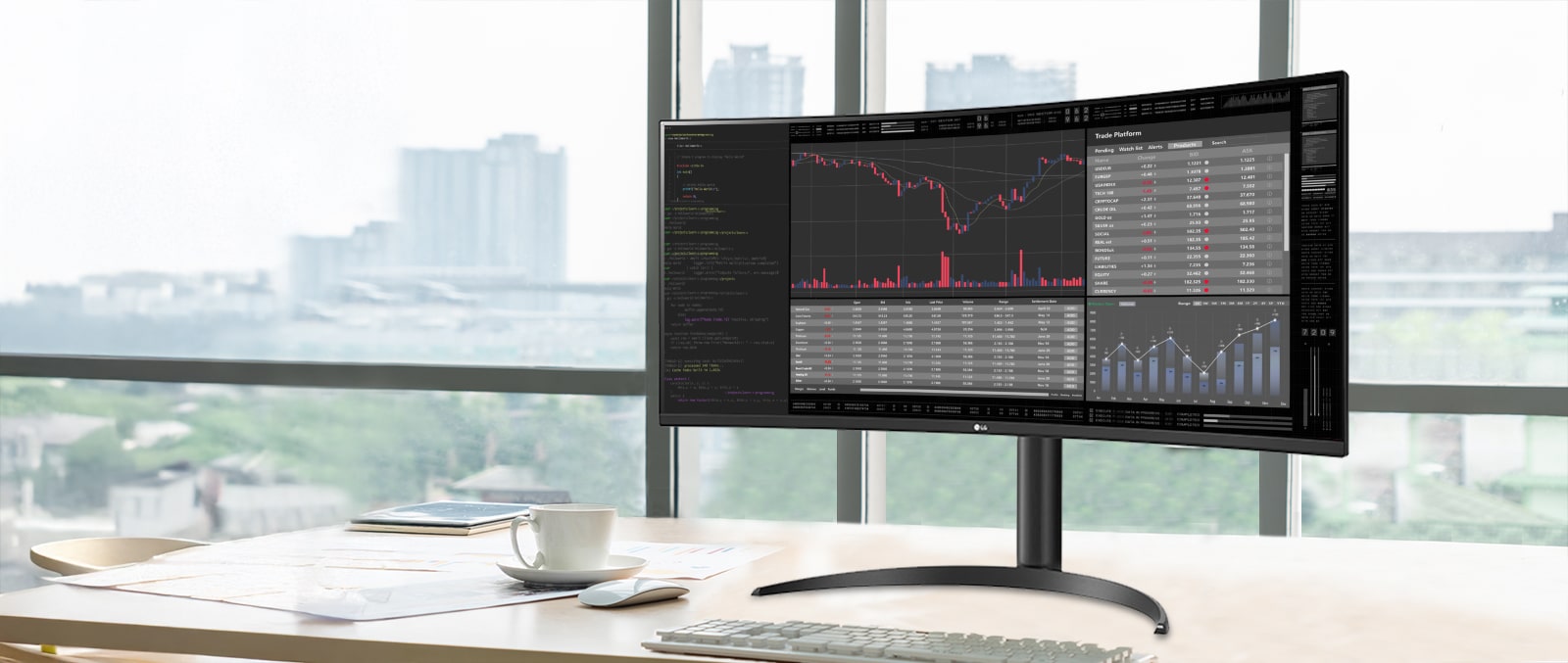 LG UltraWide Monitor näyttää taloustietojen koontinäyttöjä ja kaavioita kaarevalla leveällä näytöllä, korostaen sujuvaa työnkulkua 100Hz:n virkistystaajuudella modernissa toimistoympäristössä.