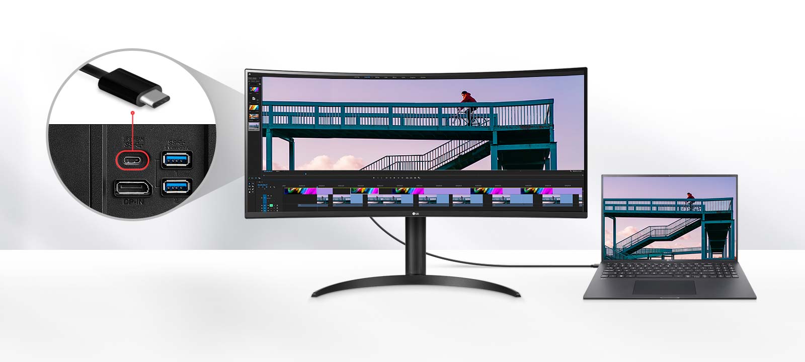 LG UltraWide Monitor on yhdistetty kannettavaan USB-C-kaapelilla, ja sillä näkyy videon editointiprojekti, jossa on pyöräilijä sillalla, ja mukana on lähikuva USB-C-portista ja 96&nbsp;W:n virransyöttöä korostetaan.