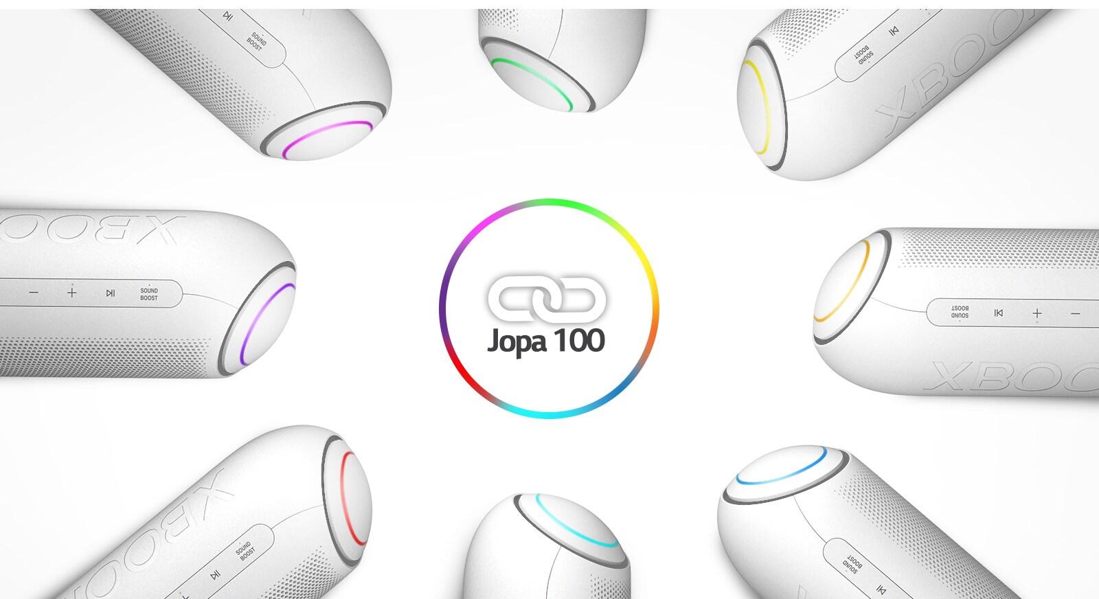 Valkoisella taustalla kahdeksan eri väristä LG XBOOM Go -laitetta kehässä linkkikuvakkeen ympärillä.