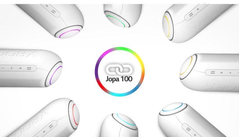 Valkoisella taustalla kahdeksan eri väristä LG XBOOM Go -laitetta kehässä linkkikuvakkeen ympärillä.