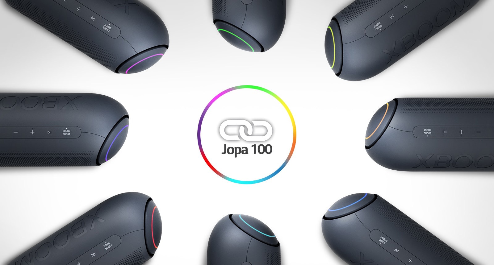 Valkoisella taustalla kahdeksan eri väristä LG XBOOM Go -laitetta kehässä linkkikuvakkeen ympärillä.