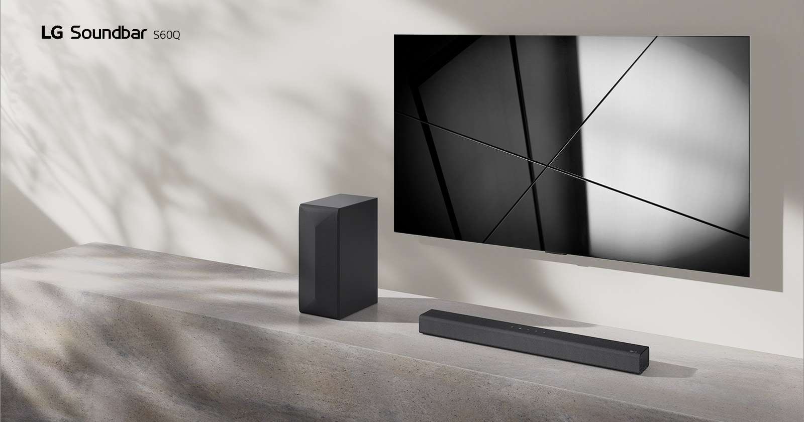 LG sound bar S40Q ja LG TV on sijoitettu olohuoneeseen yhdessä. Televisio on päällä ja näyttää geometrisen kuvan.