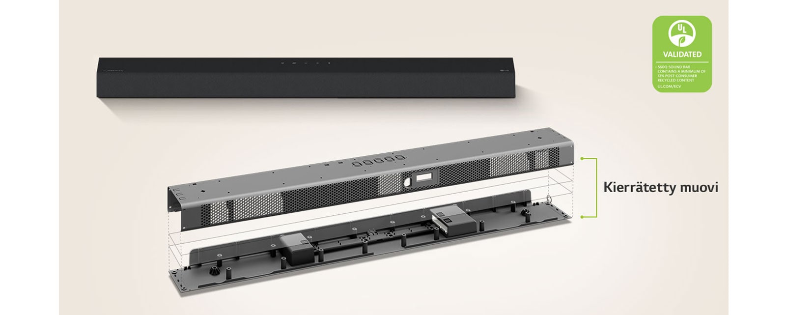 Takana on näkymä Sound Barista edestä ja edessä metallikehyskuva Sound Barista.