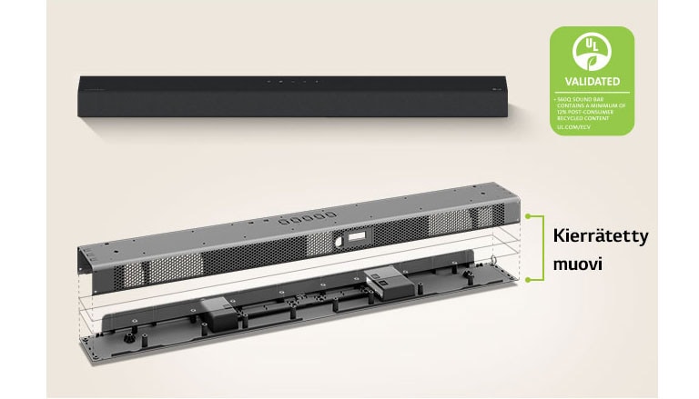 Takana on näkymä Sound Barista edestä ja edessä metallikehyskuva Sound Barista.