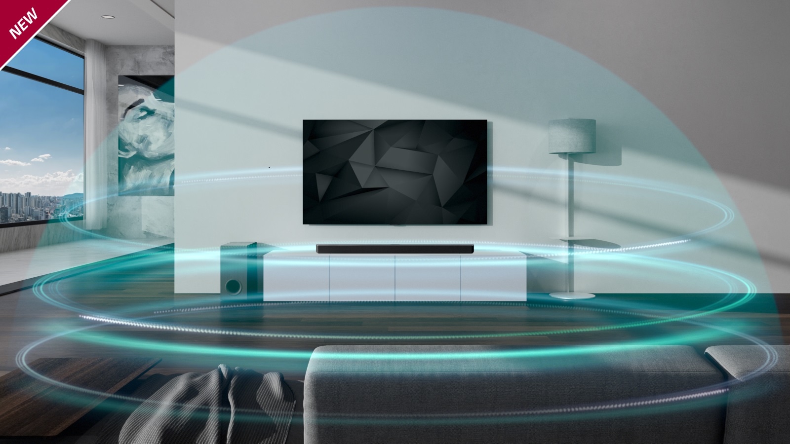 Siniset, kupolin muotoiset, kolmitasoiset ääniaallot peittävät äänipalkin ja television olohuoneessa. UUSI-merkki näkyy vasemmassa yläkulmassa.