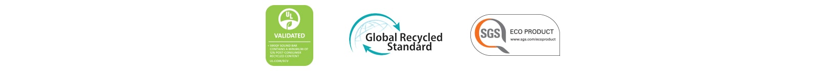 Vasemmalta: UL VALIDATED (logo), Global Recycled Standard (logo), SGS ECO PRODUCT (logo).