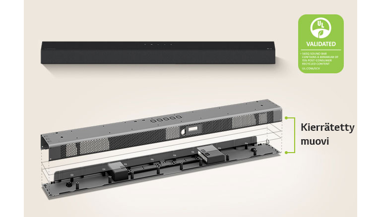 Takana on näkymä Sound Barista edestä ja edessä metallikehyskuva Sound Barista.