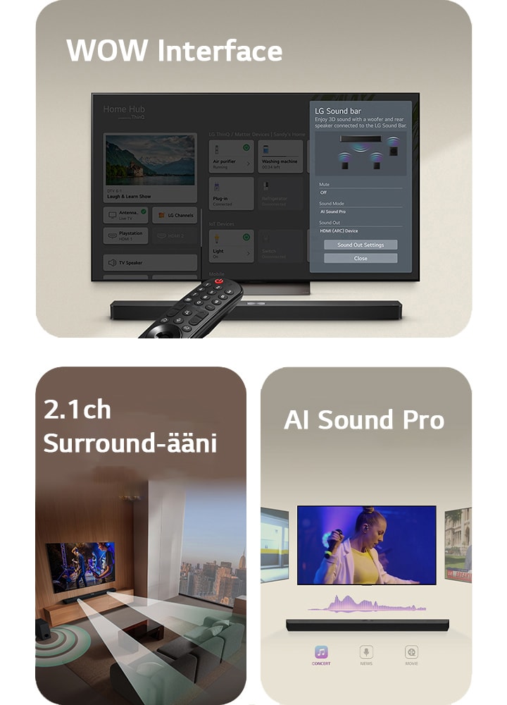 LG Remote osoittaa kohti LG TV:tä, jonka alla on LG Soundbar. LG TV:n ruudulla WOW Interface -valikko.  LG Soundbar, LG TV ovat olohuoneessa ja näytöllä näytetään kuva musiikkiesityksestä. Soundbarista heijastuu pisaroiden muodostamat valkoisten ääniaaltojen kaksi haaraa, ja subwoofer luo alhaalta äänitehosteen.  LG Soundbar, jonka yläpuolella on kolme erilaista televisioruutua. Yhdessä näytetään elokuvaa, yhdessä konserttia ja yhdessä uutislähetystä. Soundbarin alapuolella on kolme kuvaketta, jotka osoittavat kunkin genren.