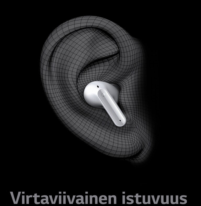 Kuva TONE Free -kuulokkeista korvassa, jonka muoto on esitetty 3D:nä. Alapuolelle on kirjoitettu Virtaviivainen istuvuus.