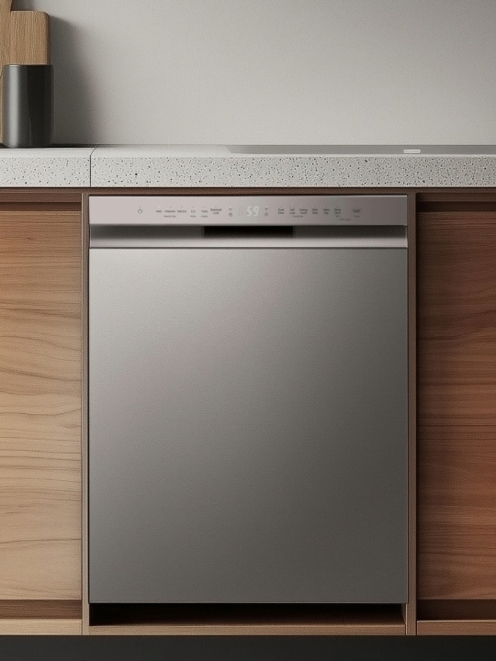 Lifestyle-kuva upotetusta astianpesukoneesta keittiössä, jonka kalusteet ovat puuta.