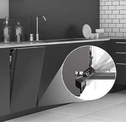 Keittiö, jossa osittain avattu astianpesukone sekä kuvitus liukuvan ja kiinteän luukun toiminnasta.