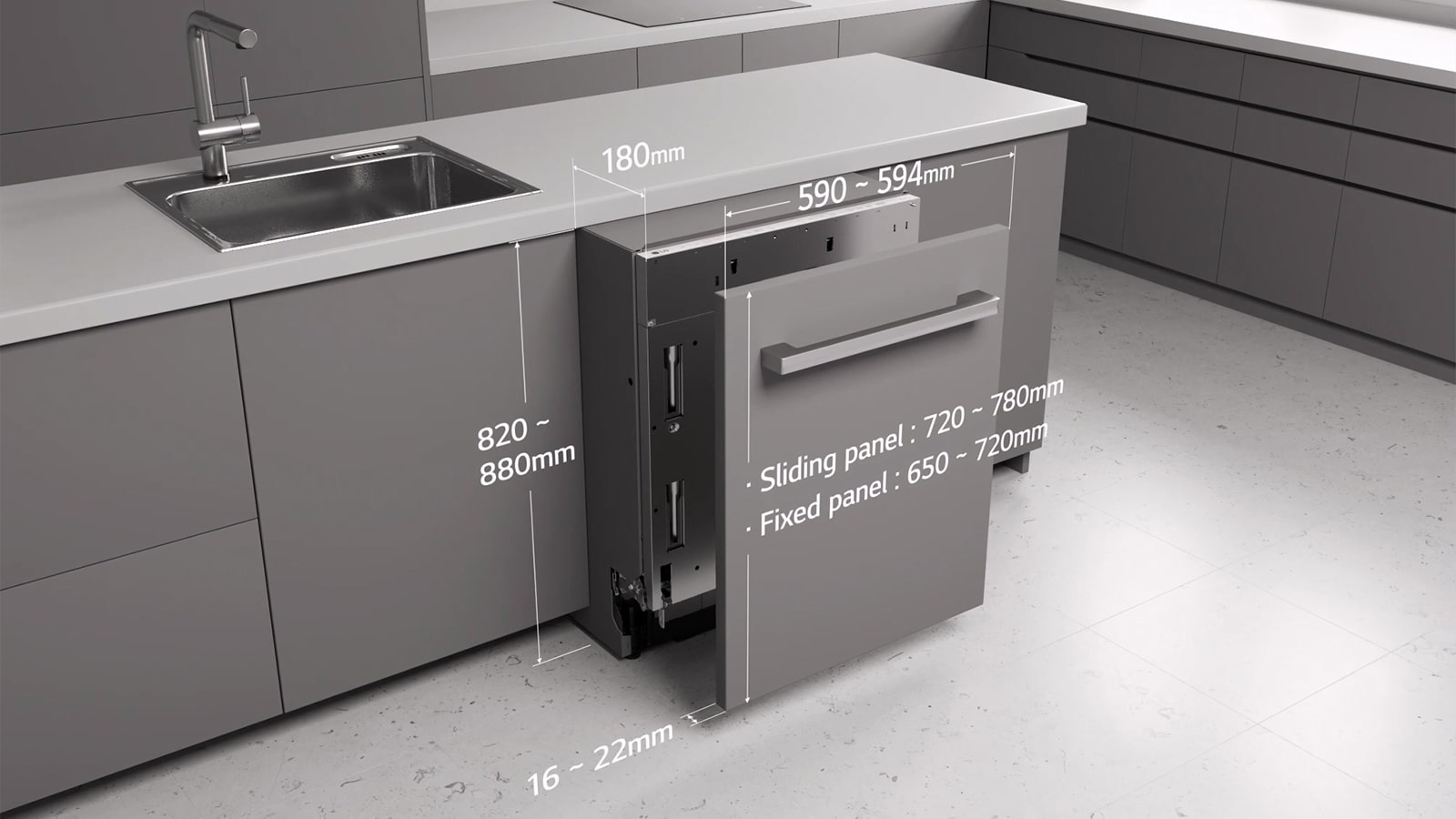 Videokuvaa astianpesukoneen mitoista ja asennusalueesta.