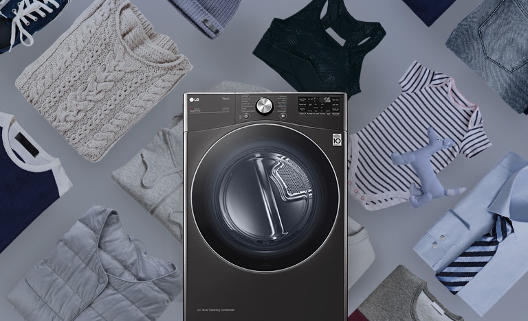 Yllä olevat kolme kuvaketta ilmaisevat, että karusellissa on kolme kuvaa. Toinen kuvake, ”Vaihteleva ohjelma”, on punainen. Kuvan keskellä on kuivausrumpu ja sen takana erilaisia kankaita.