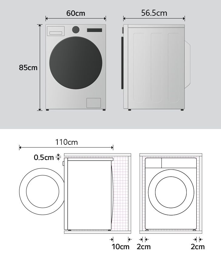 Leveys 60 cm, korkeus 85 cm ja syvyys 61,5 cm. Syvyys
luukun ollessa auki: 113,5 cm
Vapaa tila pesukoneen takana 10 cm, yläpuolella 0,5 cm ja sivuilla
2 cm.