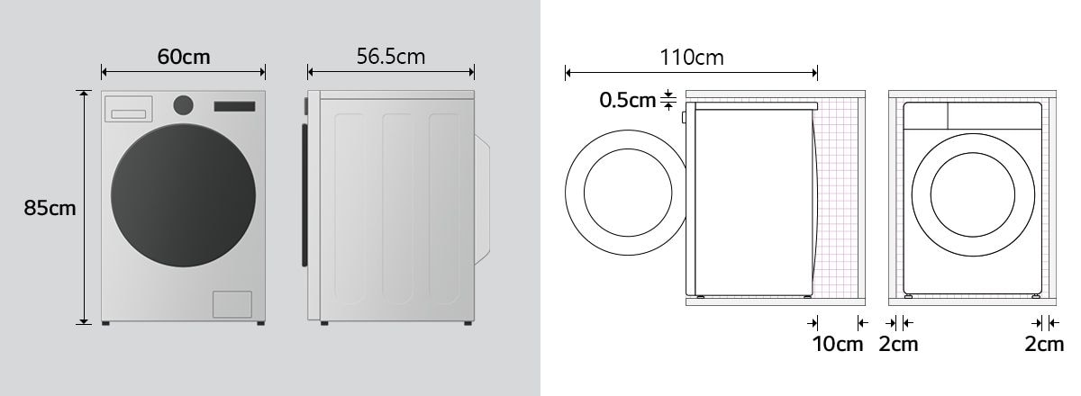 Leveys 60 cm, korkeus 85 cm ja syvyys 61,5 cm. Syvyys
luukun ollessa auki: 113,5 cm
Vapaa tila pesukoneen takana 10 cm, yläpuolella 0,5 cm ja sivuilla
2 cm.