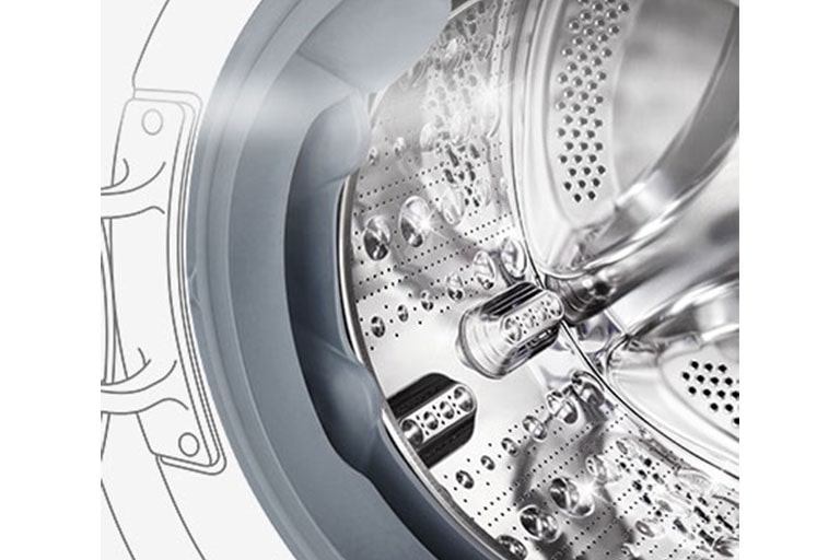 Kuva pesukoneen sisäpuolelta, jossa ruostumattomasta teräksestä valmistetut rummut näkyvät.