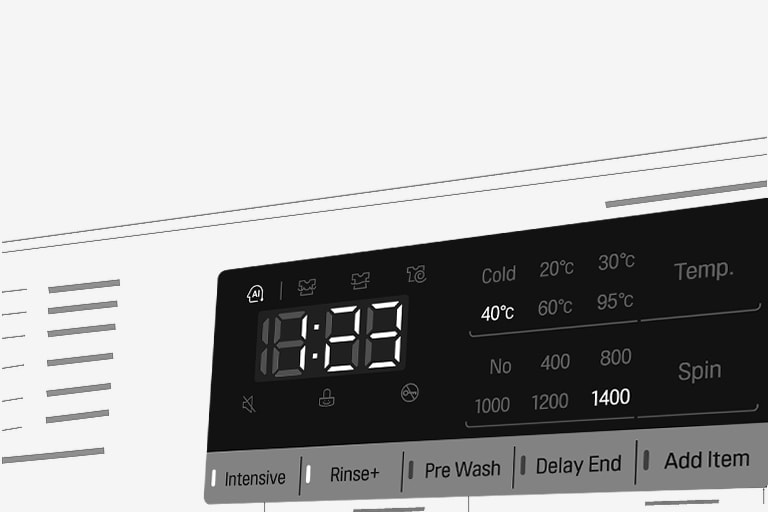 Tässä on suurennettu kuva pesukoneen käyttöpaneelista niin, että näyttö on selvästi näkyvissä.