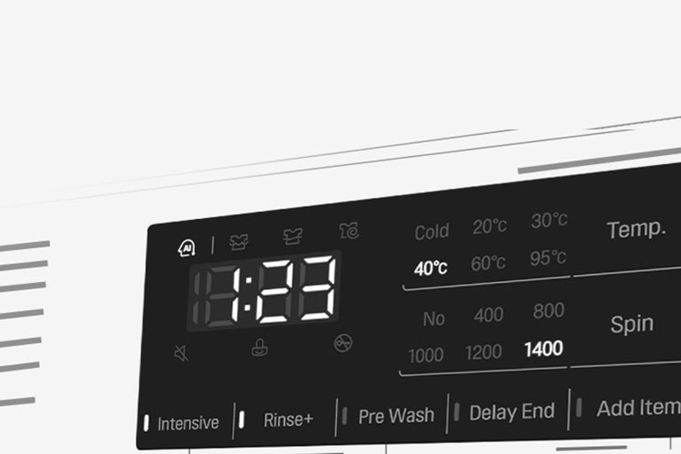 Tässä on suurennettu kuva pesukoneen käyttöpaneelista niin, että näyttö on selvästi näkyvissä.