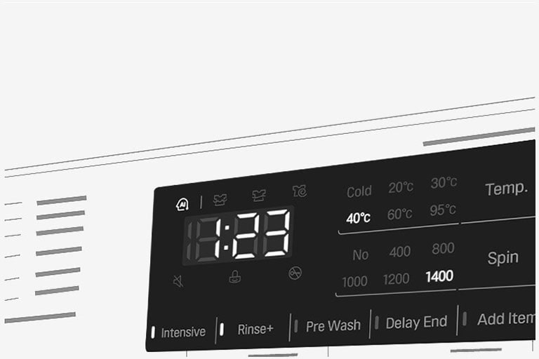 Tässä on suurennettu kuva pesukoneen käyttöpaneelista niin, että näyttö on selvästi näkyvissä.