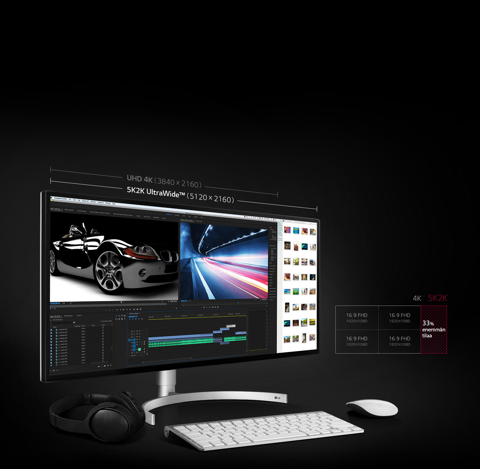 33% laajempi työtila kuin UHD 4K - monitorissa1