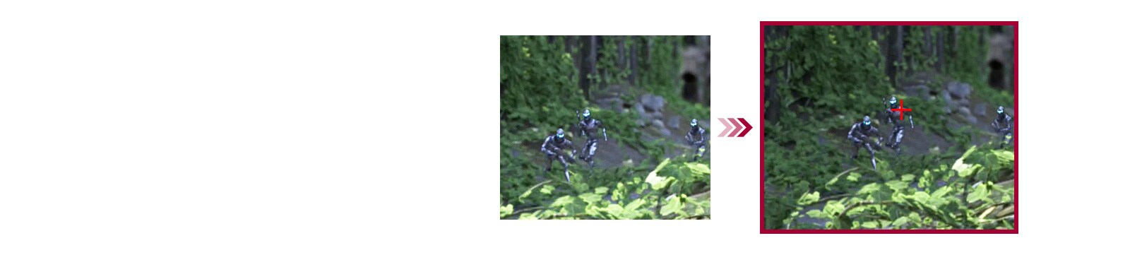 Kahden pelikohtauksen vertailu perinteisen ja Crosshair-tähtäinominaisuuden välillä, mikä auttaa tähtäämään paremmin