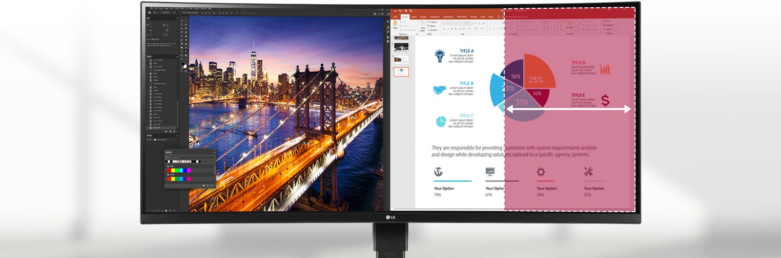 UltraWide™ WQHD+ ‑näyttö (resoluutio 3440 x 1440, kuvasuhde 21:9) näyttää useita ohjelmia yhdellä kertaa.UltraWide™ WQHD+ ‑näyttö (resoluutio 3440 x 1440, kuvasuhde 21:9) näyttää useita ohjelmia yhdellä kertaa.