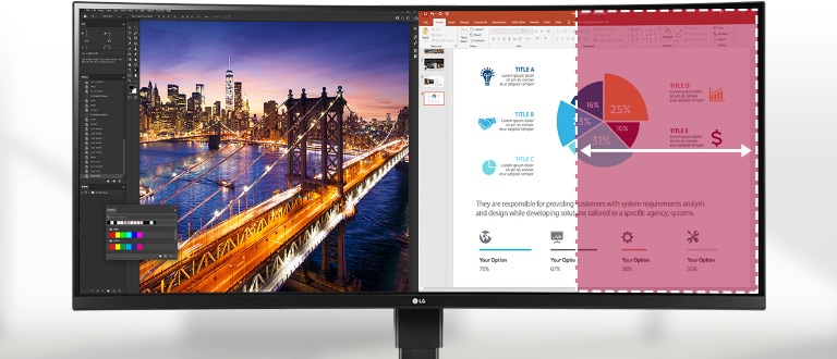 UltraWide™ WQHD+ ‑näyttö (resoluutio 3440 x 1440, kuvasuhde 21:9) näyttää useita ohjelmia yhdellä kertaa.