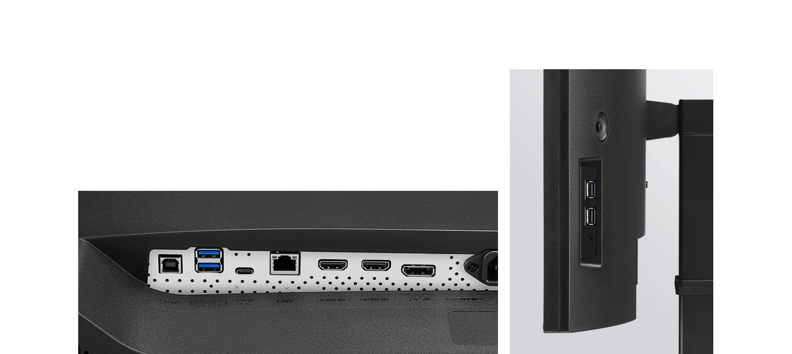Tässä näytössä on USB Type-C™, DisplayPort, HDMI, RJ45 (Ethernet), USB (1Up/4Down) ja kuulokkeiden lähtöportti.
