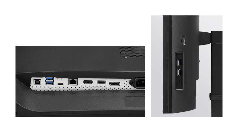 Tässä näytössä on USB Type-C™, DisplayPort, HDMI, RJ45 (Ethernet), USB (1Up/4Down) ja kuulokkeiden lähtöportti.