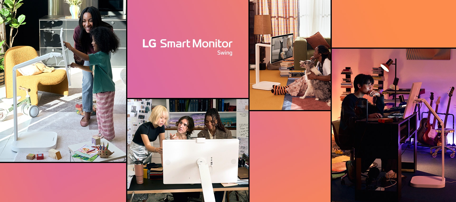 Kuvassa näkyy nainen, joka käyttää LG Smart Monitor Swingiä lapsen kanssa, kolme henkilöä jotka jakavat työpöydän ja katsovat LG Smart Monitor Swingiä, mies katselemassa LG Smart Monitor Swingin näyttöä koiransa kanssa sekä toinen mies työskentelemässä LG Smart Monitor Swingillä.